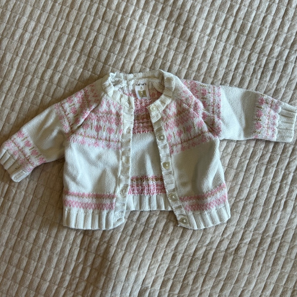Charming Knit Baby Cardigan in White and Pink
